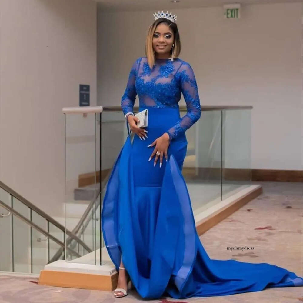 Royal Blue Mermaid Lace Prom Dresses Sheer Bateau Neck Appliqued Beaded Evening Gowns Sweep Train Satin Formal Party Dress P34 0510