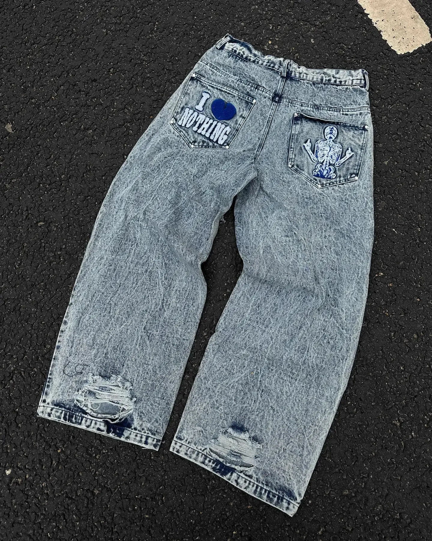 Y2k Men Jeans Baggy Jeans Hip Hop Punk Ripped Jeans Harajuku Goth Skull Embroidery Wide Leg Straight Jeans for Men 240429
