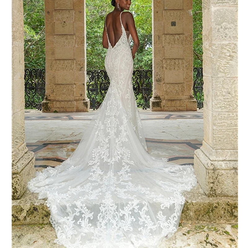Fulllace Mermaid Wedding Dress for Bride Illusion Sheer Neck Appliqued Lace V Neck at Back Beaded Wedding Gowns for Marriage for Nigeria Black Women