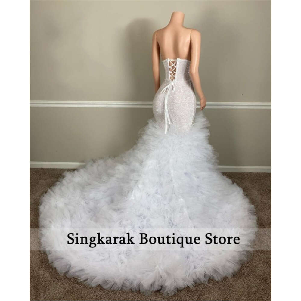 Sexy Sparkly White Prom 2023 Crystal Beads Sequins Ruffle Bottom Graduation Birthday Party Dress Robe De Bal