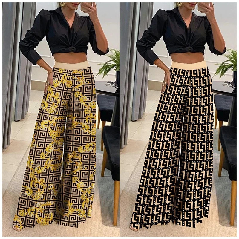 Fashion Women Sets Bohemia Beach Style Street Trendy VNeck Long Sleeve Shirt Top Wide Leg Pants High Waist Set 240423