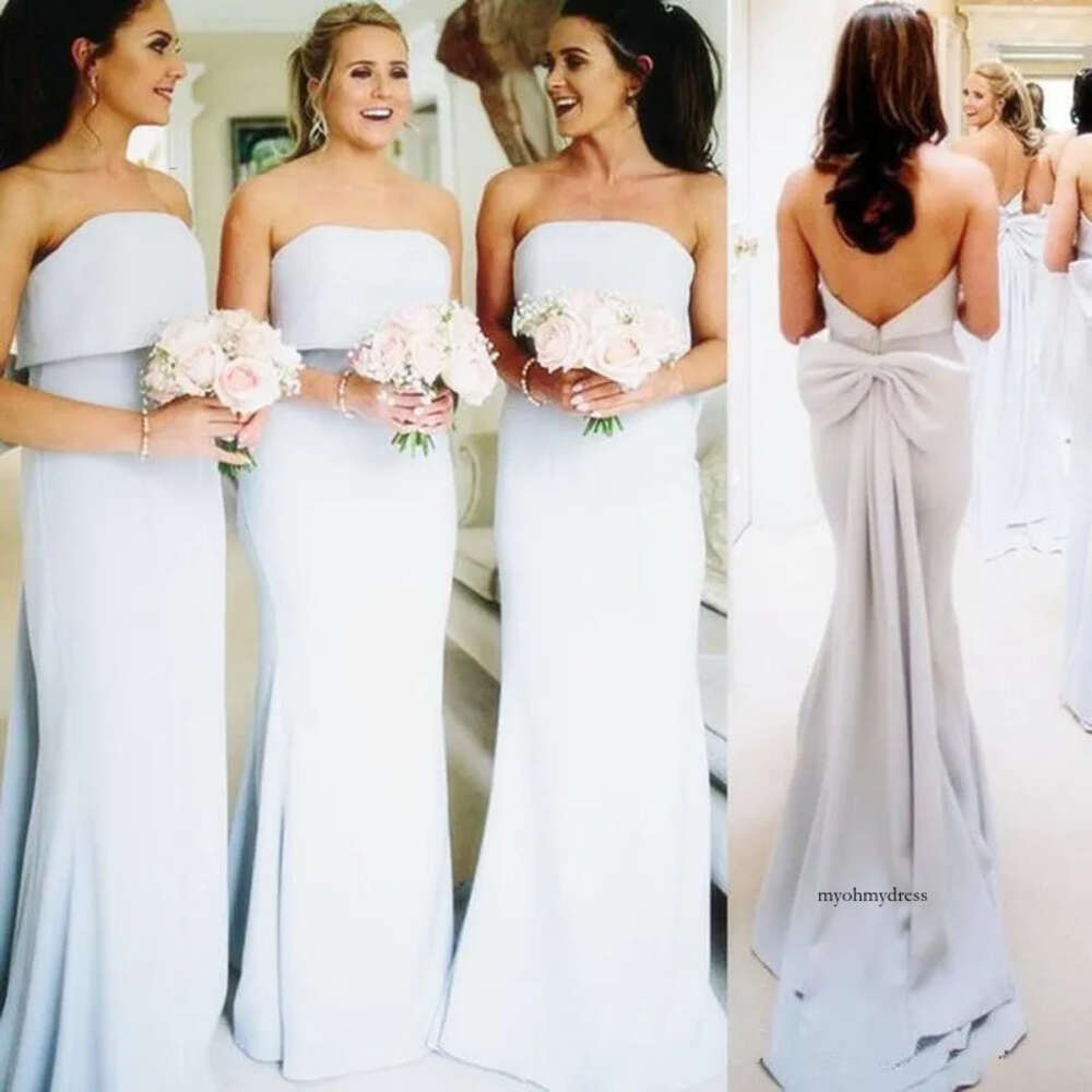 Sage Strapless Backless Mermaid Bridesmaid Cheap With Bow Sleeveless Long Prom Evening Party Bridesmaids Dresses 26 0510