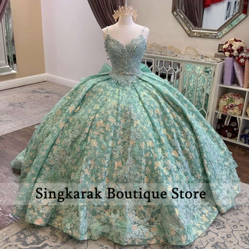 Green New Princess Quinceanera Dresses Ball Straps Wers Appliques Beaded Crystals Sweet Th Gown Court Train