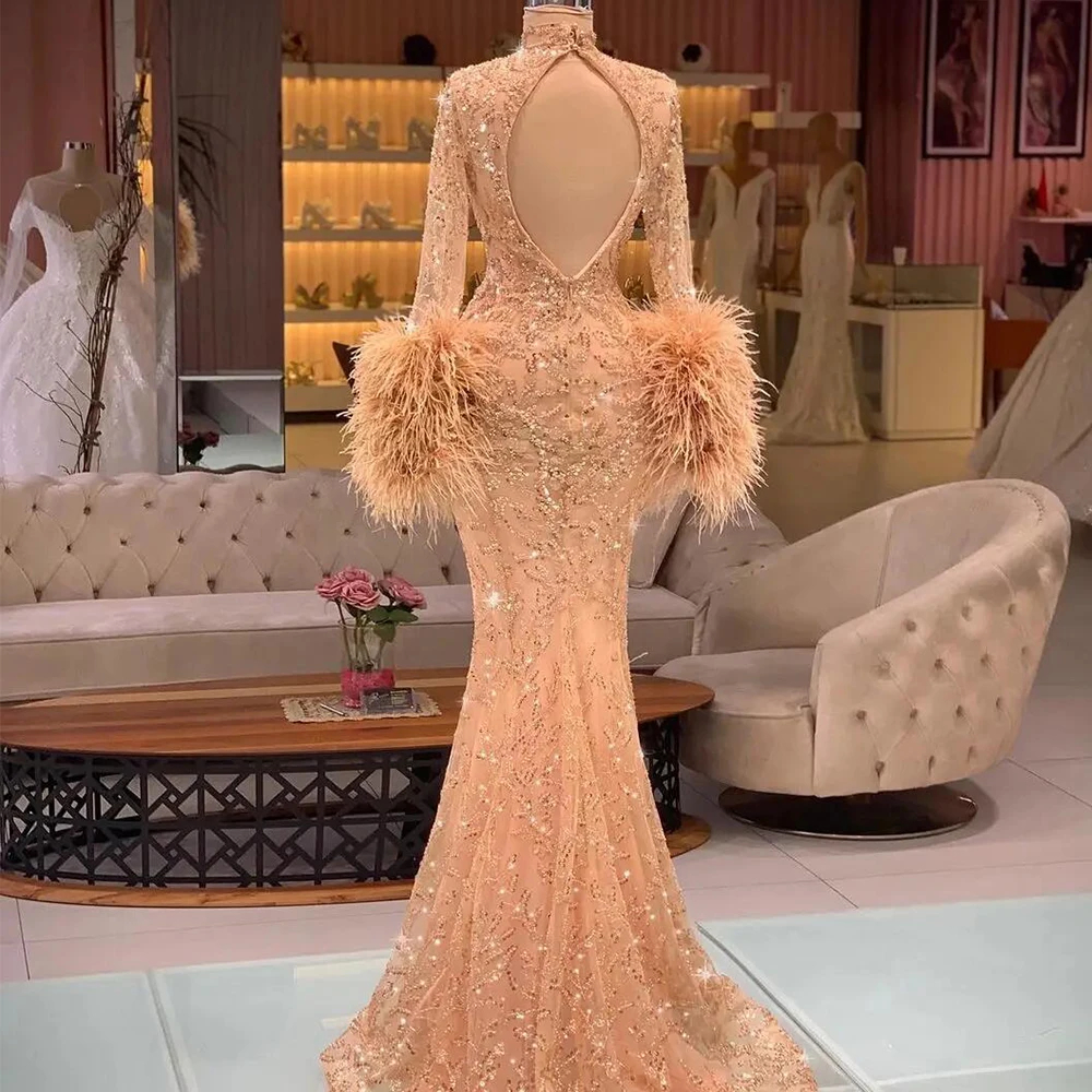 Glitter Beaded Mermaid Prom Dresses Feathers Long Sleeves Formal Evening Gowns High Neck Open Back Elegant Arabic Dubai Pageant Dress Bride Reception 