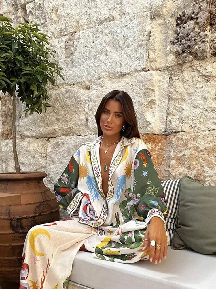 Elegant Printed Pants 2 Piece Set Causal Lapel Sing Breatsed Long Sleeved Elastic Waist Pant Suits Ladies Holiday Beachwear 240510