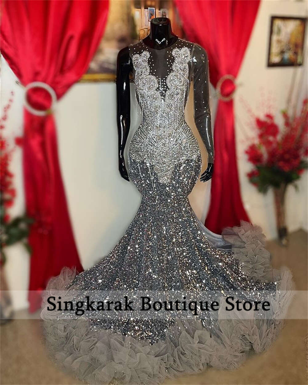 Sparkly Dias Prom Dress 2024 For Black Girls Mesh Sleeves Glitter Crystal Ruffle Bead Evening Party Gown Robe