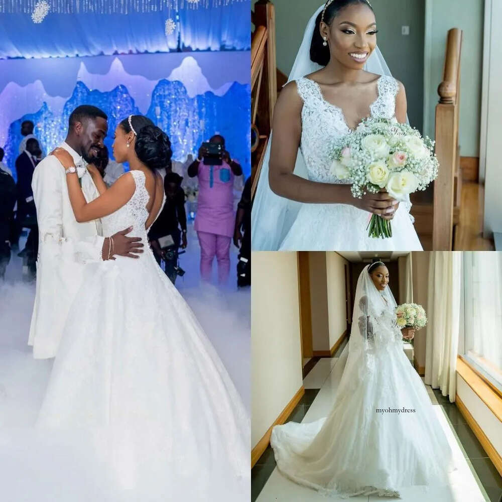 Graceful Lace Wedding Dresses 2020 V Neck Backless Sweep Train Appliques Chapel Garden Bridal Gowns Vestidos De Novia Plus Size A11 0510