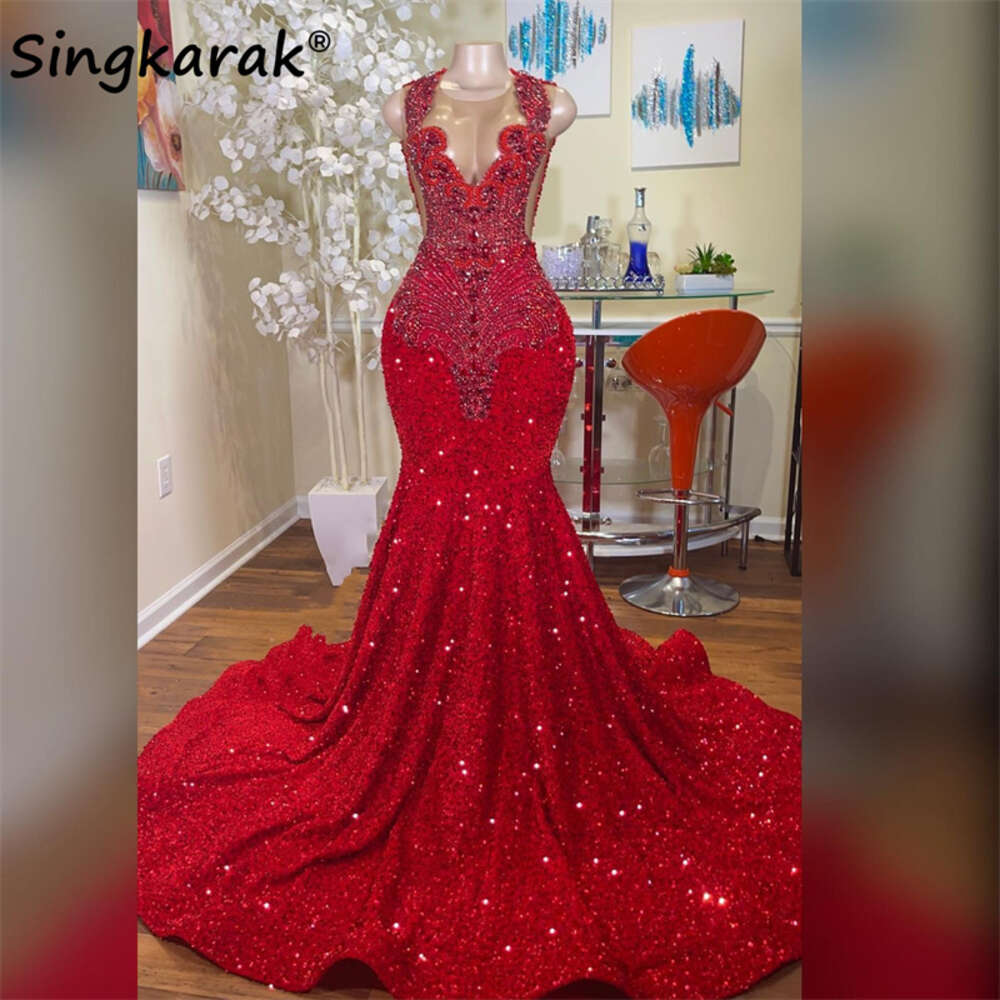 Long Dresses 2024 Red Dias Mermaid Style Sparkly Rhies Crystals Sequin Black Girls Prom Party Formal Gowns 6660306