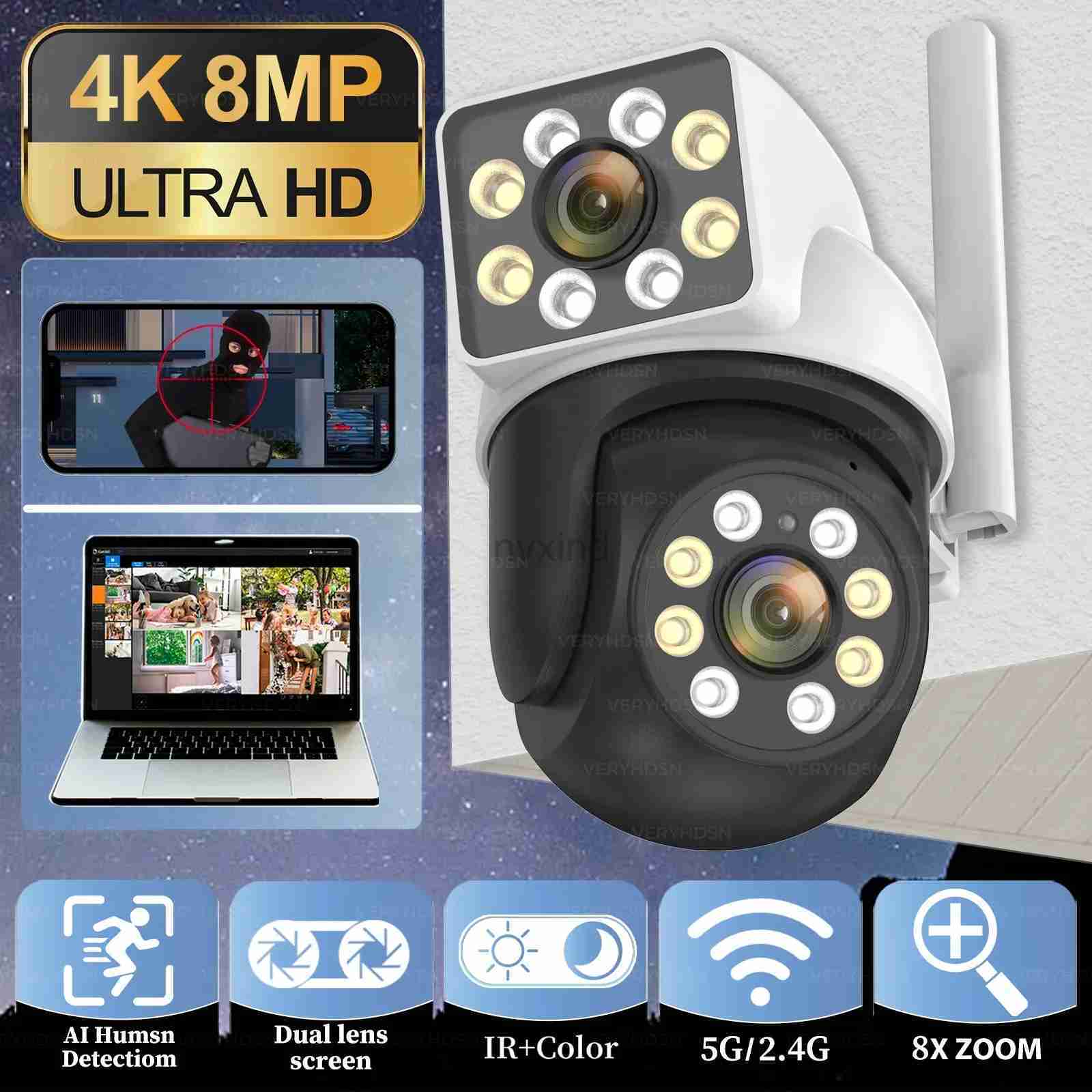 IP Cameras 8MP 5G 4K IP Wifi camera dual lens outdoor 8x zoom monitoring camera CCTV Ai human body detection waterproof full-color night vision d24051