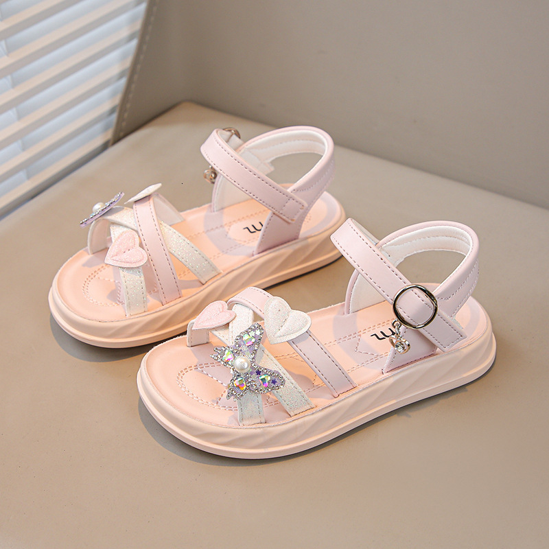 Sandals Girls Sandals Summer Sweet Princess Kids Fashion Princess Solid Children Soft PU Rhinestones Flower Shine Party Shoes 230421