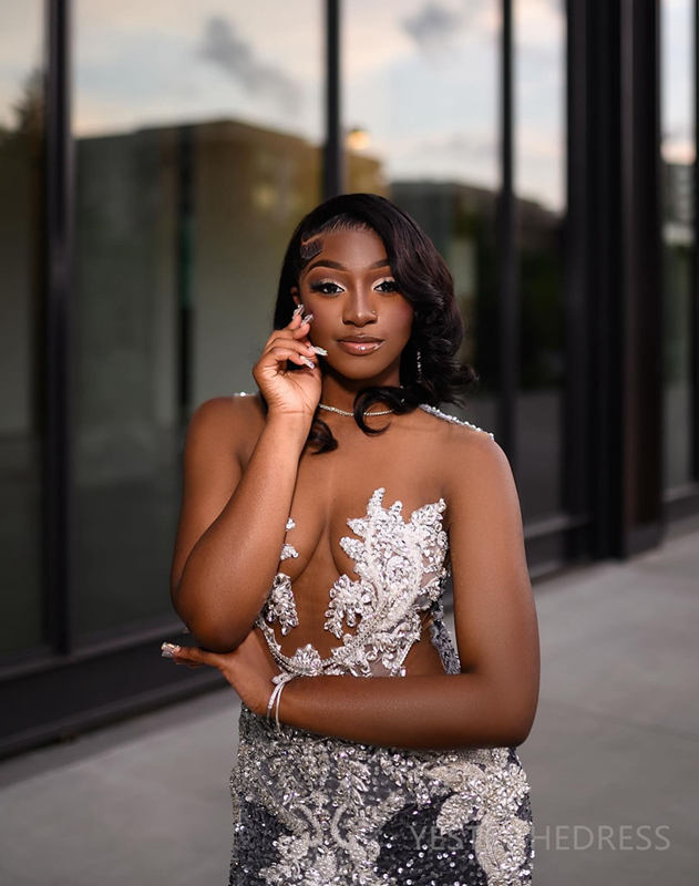 Grey Prom Dresses for Special Occasions Promdress Illusion Appliqued Beaded Sequined Lace Birthday Party Dress Second Reception Gowns for Black Women 