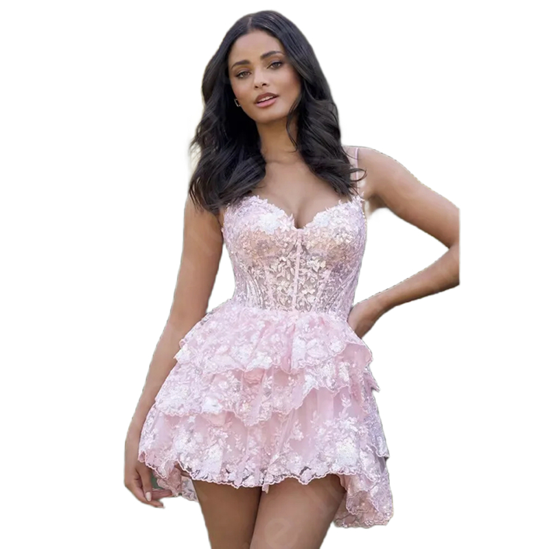 Charming Blush Pink Lace Short Prom Dresses Tiered Spaghetti Straps A Line Sexy Cocktail Dress Mini Graduation Party Dress Homecoming Birthday Special
