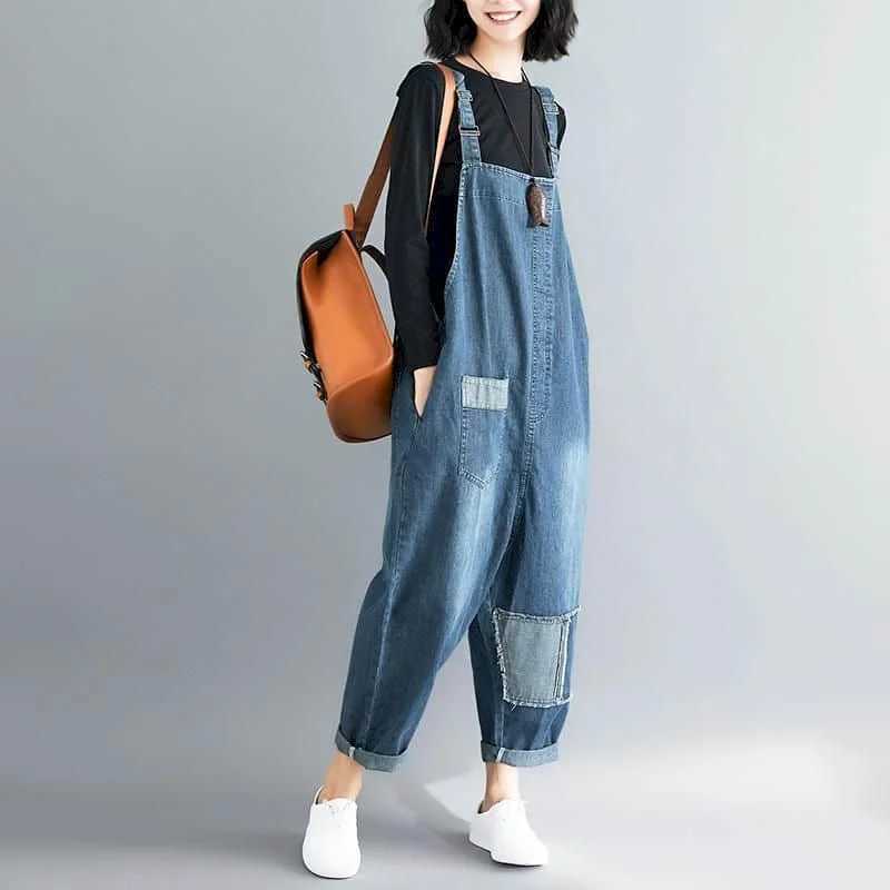 Women's Jumpsuits Rompers Denim Jumpsuits for Women Korean Style Rompers Solid Casual Vintage Playsuits Harem Pants Workwear Pocket Design Women 