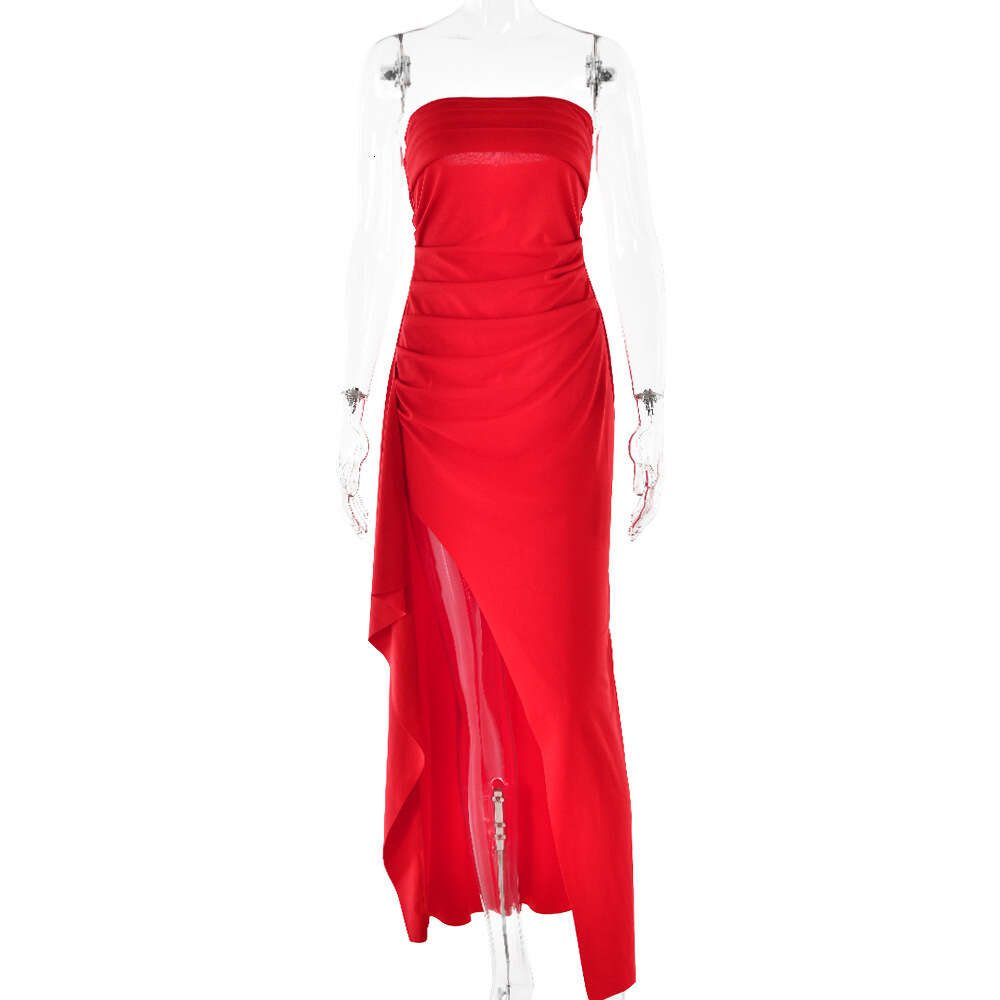 Evening women's one line neckline strapless dress, fashionable and sexy backless high slit long skirt, autumn F51044