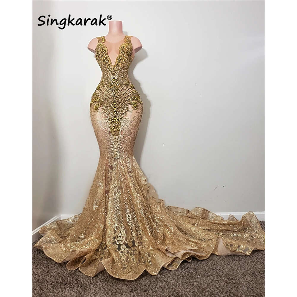 Gold Dias Long Prom Dresses 2024 Sparkly Beads Rhie Crystal Sequins Birthday Party Gown special Reception Robe