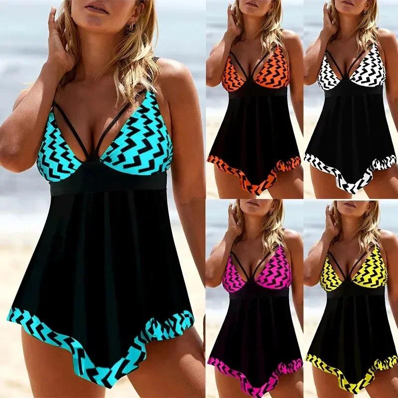 Womens Swimwear Plus Size Split Swimsuit Suspender Skirt Style Halter With Chest Pad Digital Printed Briefs