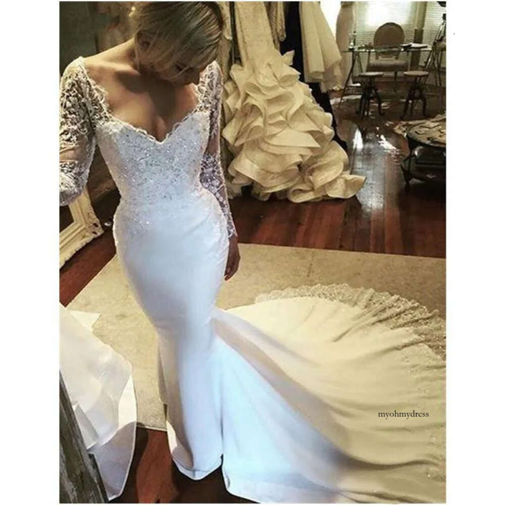 Vintage Mermaid Dresses Long Sleeve Lace Wedding Gowns Beaded Dress Elegant V Neck Satin Simple Bridal Gown Vestidos De Novia 0510