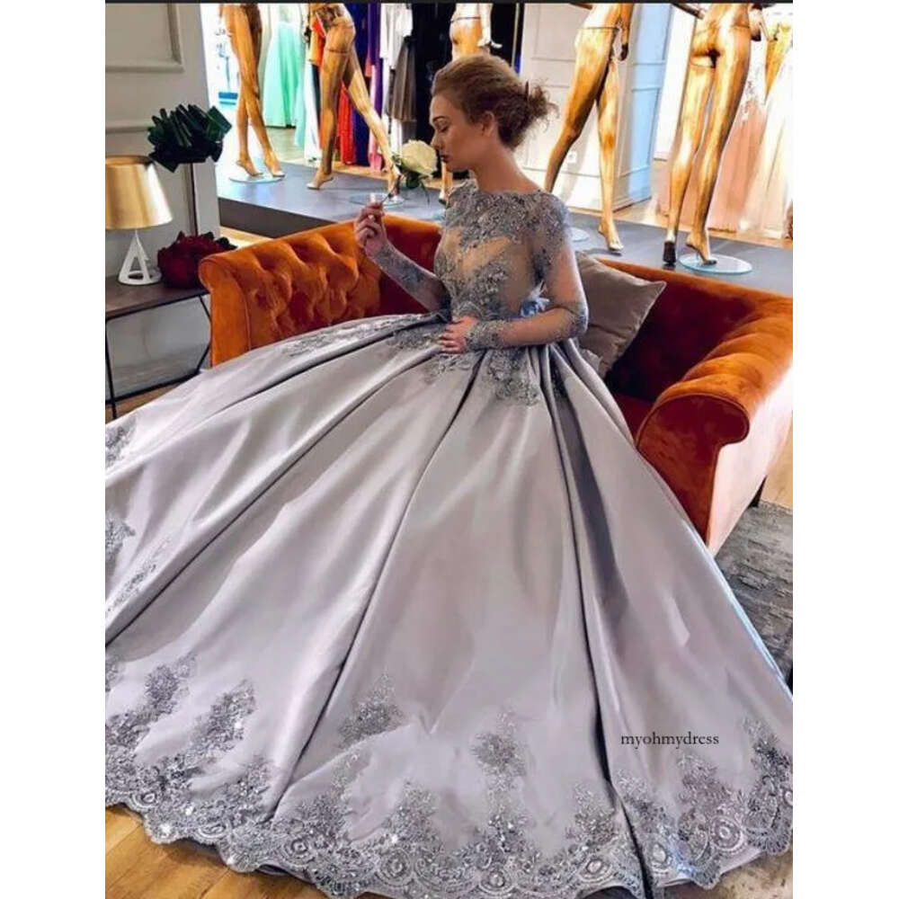 Beaded Lace Lavender Evening Quinceanera Dress Illusion Long Sleeve Prom Dresses Stain Formal Party Gowns Sweet 16 Ball Gown 0510