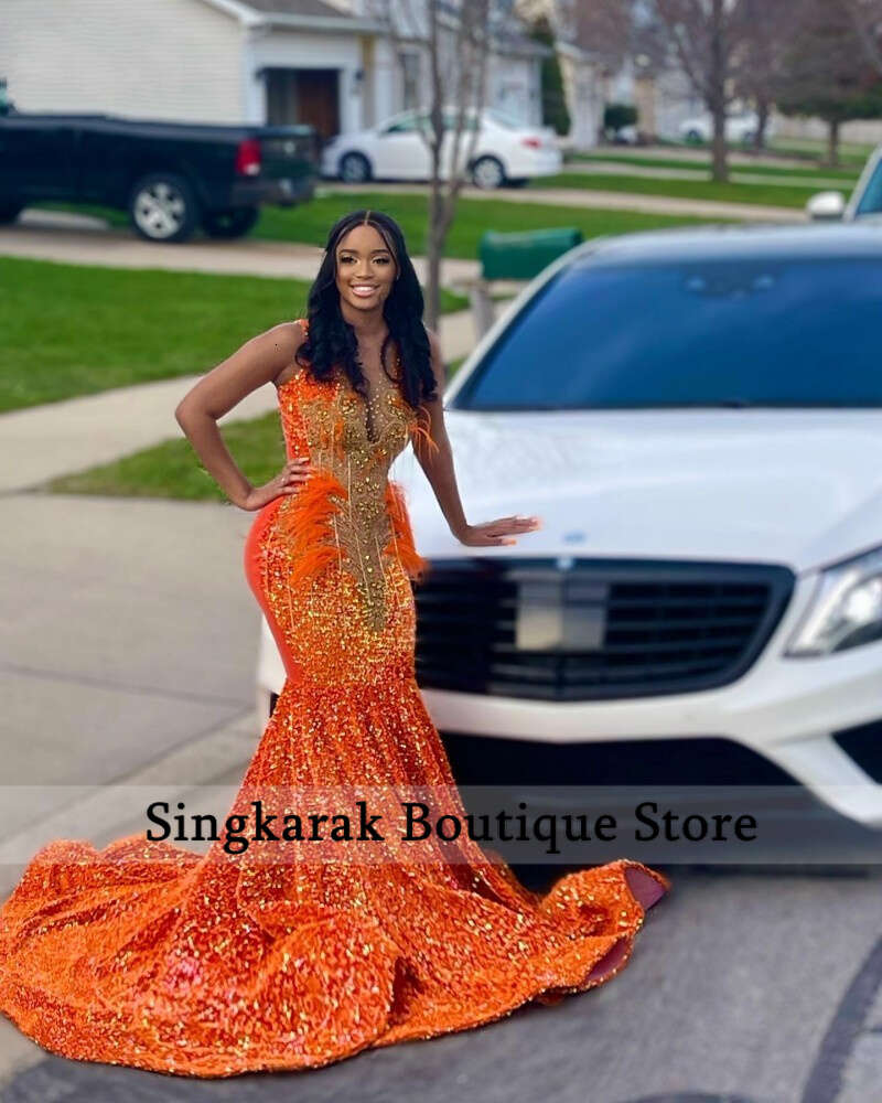 Golden Dias Orange Prom Dress 2023 Sparkly Beads Crystal Rhies Feathers Sequins Birthay Party Gown Robe De Bal
