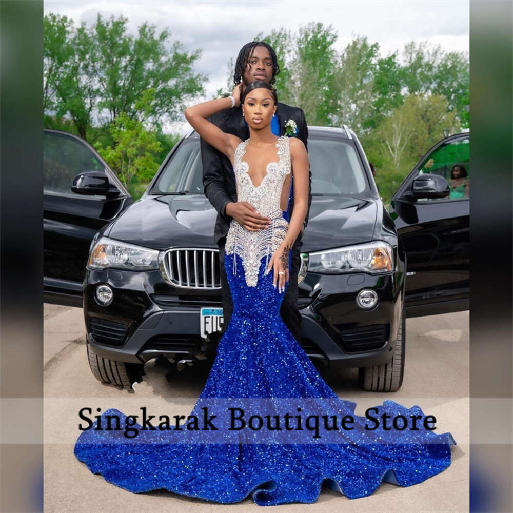 Sparkly Royal Blue Dias Long Prom Dress For Black Girls Rhies Sequined special Dresses Beaded Birthday Party Gowns