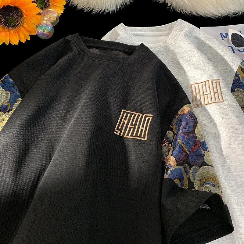 Trendy Bear Embroidery Tshirt Summer Big Size Men Fashion Splicing Tshirts Casual Seven Sleeve Man Women Tee Tops 240509