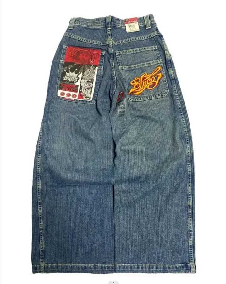 Men's Jeans JNCO Retro Y2K New Harajuku Hip Hop Letter Embroidered Pocket Denim Pants Mens Gothic Womens High Waist Wide Trousers Q240509