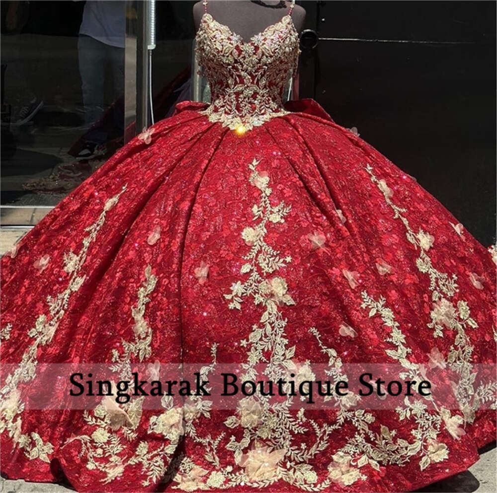 Glitter Red Princess Quinceanera Dresses Ball Straps Flowers Appliques Beaded Crystals Sequins Sweet 16th Gown Court Train