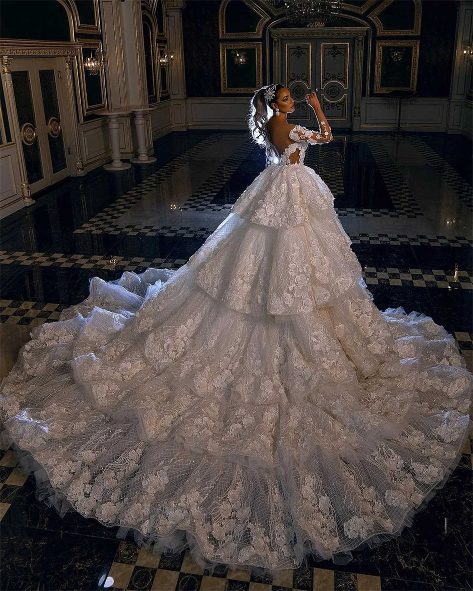 Luxury Mermaid Wedding Dresses 3D Floral Applique Lace Detachable Train Tiered Tulle Sleeves Backless Custom Made Plus Size Bridal Gown Vestidos De No