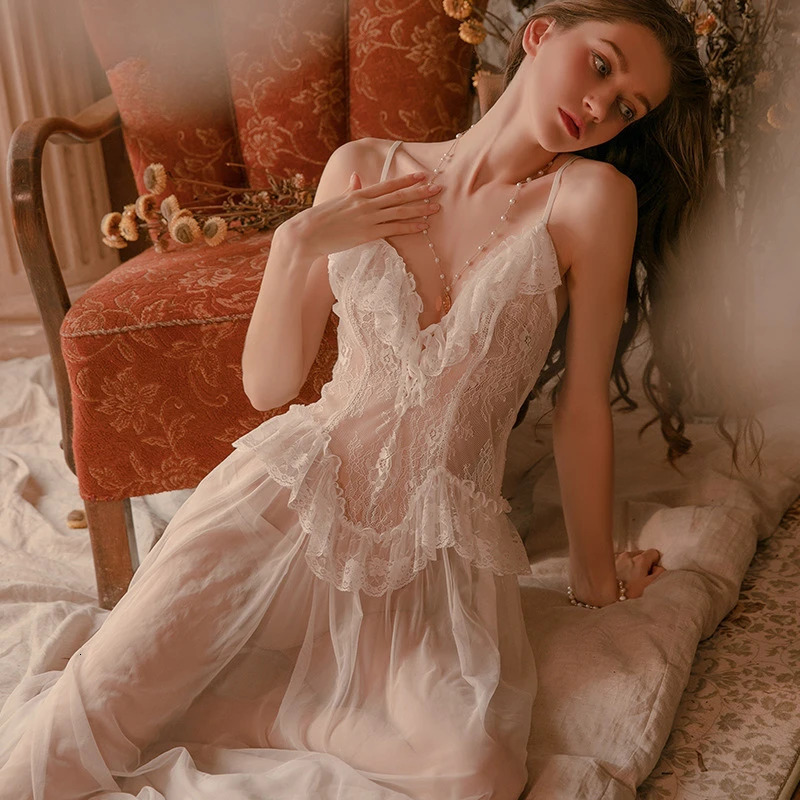 womens pajamas mesh court style long pajamas seductive evening gowns outerwear 240425