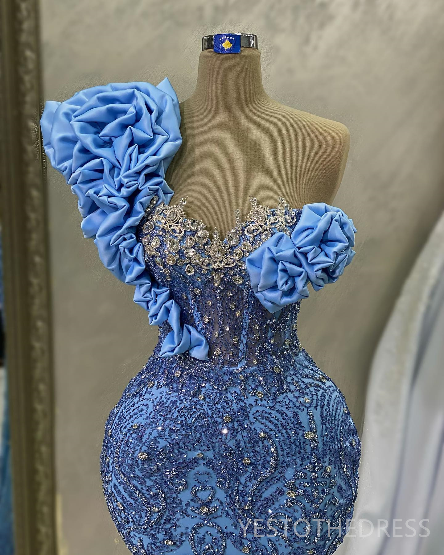 2024 Blue Plus Size Prom Dresses for Special Occasions Promdress One Shoulder Beaded Lace Rhinestone Decorated Birthday Party Dress Second Reception G
