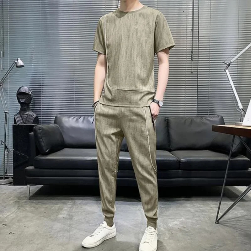 Top Gym Mens Clothing Sportswear Sports Suits Khaki T Shirt Man No Pants Sets Basic Tracksuit Fashion in Matching Chic 240429
