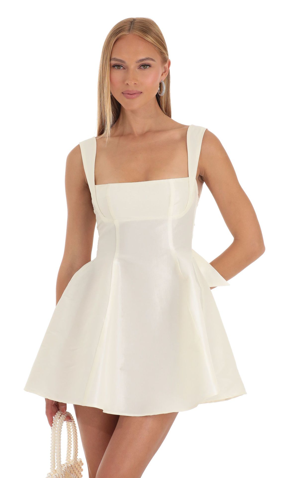 graduation Casual Dresses Fashion Bow Backless Pleated Dress For Women white Solid Square Neck Suspender Mini Summer Chic Female Party waist-cinching 