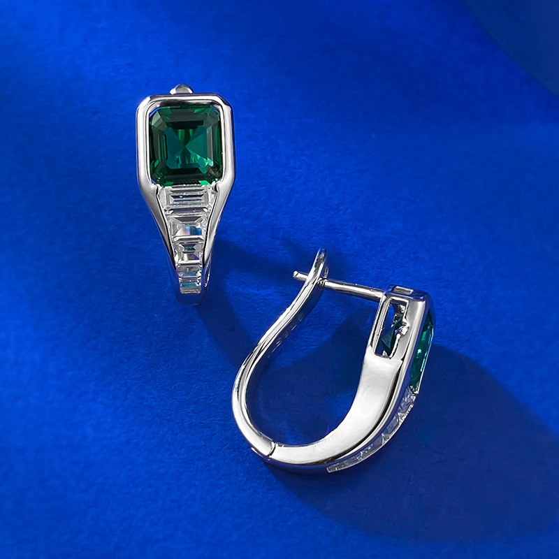 Sterg Sier Asscher Emerald Moissanite Clip Earrings for Women's Party and Wedding