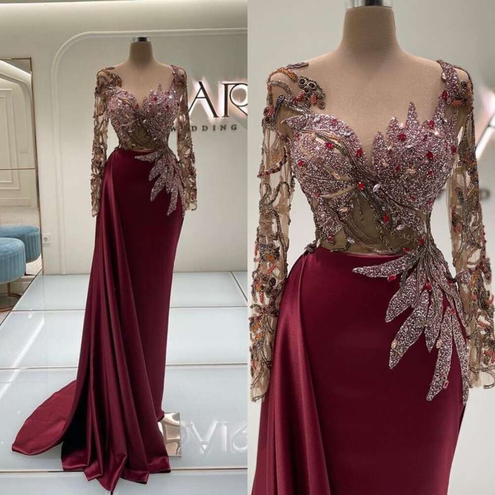 Beading Mermaid Prom Dresses Bury Long Sleeve Sexy Jewel Neck Evening Dress Party Wear Sweep Train Satin Gowns 6660306