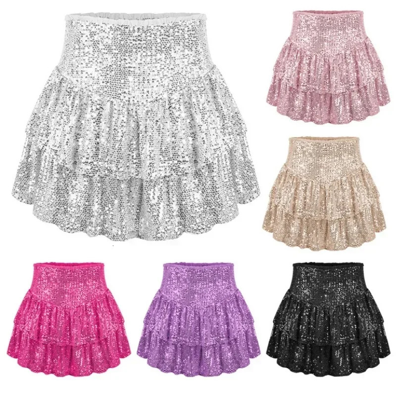 Sequin Summer Pleated Skirts Women Elastic Waist Christmas Party Outfits Sexy Clubwear Bodycon Streetwear Solid Femme 240506