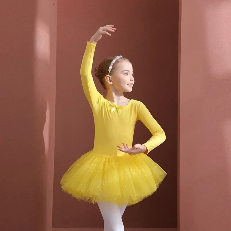 Short /Long Sleeves Tulle Bowknot Skate Gymnastics Christmas Birthday Party Leotard Dancewear Girls Ballet Dance Tutu Dress Kids 240510