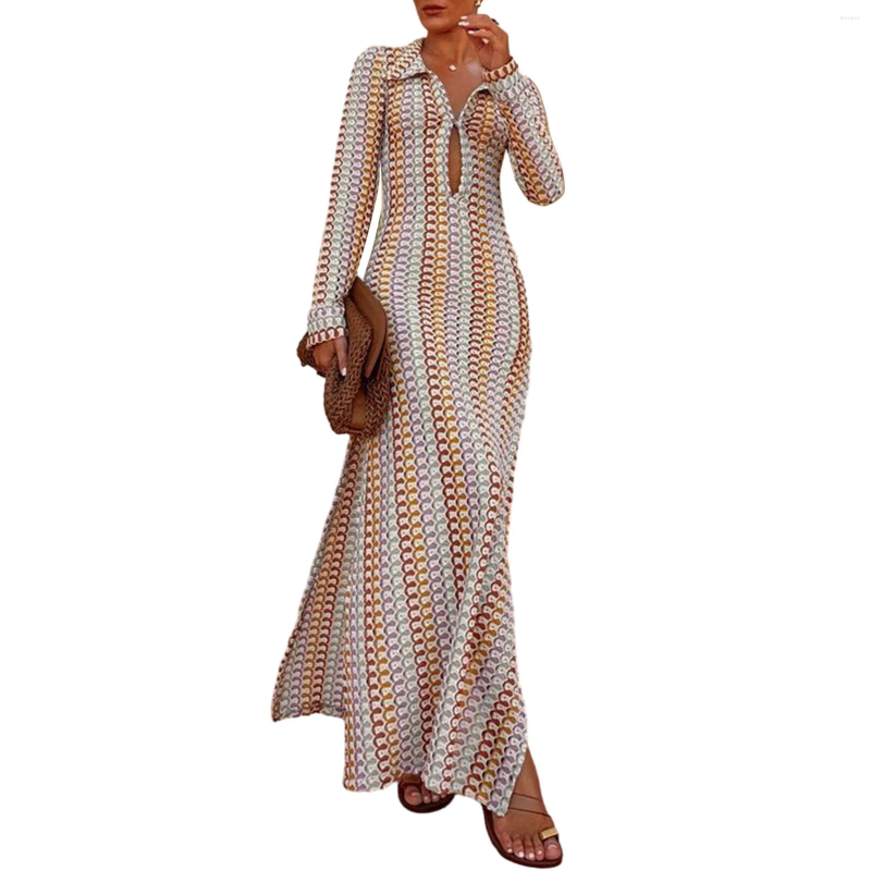 Casual Dresses Womens V Neck Crochet Maxi Long Sleeve Bodycon Dress Hollow Out Summer Thigh Slit Beach Vacation Cover Up