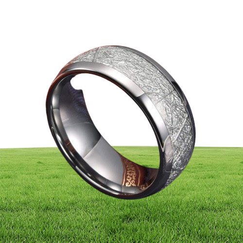 8mm Tungsten Mens Ring Inlay Meteorite Silver Polished Wedding Bands Men039s 316L Stainless Steel Ring Size 713