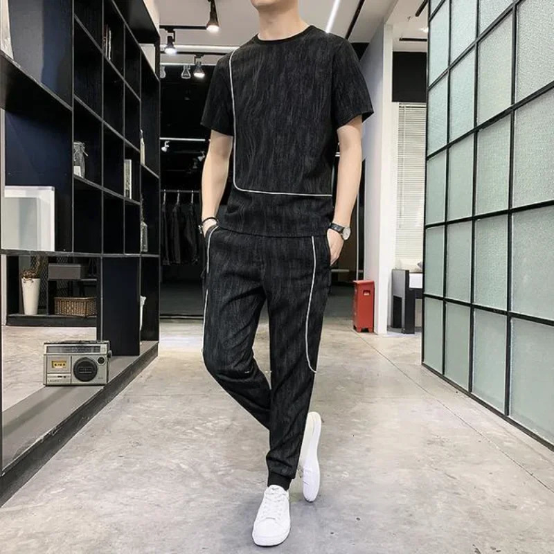 Top Gym Mens Clothing Sportswear Sports Suits Khaki T Shirt Man No Pants Sets Basic Tracksuit Fashion in Matching Chic 240429