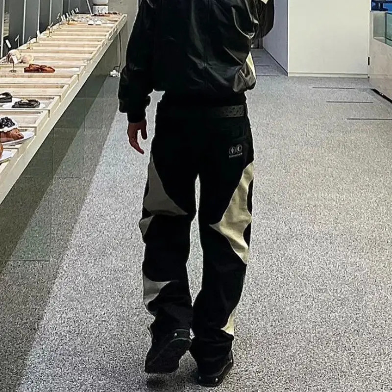 Y2k Men Black Baggy Jeans Spliced Leather High Street Loose Straight Casual Trousers Hip Hop Harajuku Pants Streetwear 240429