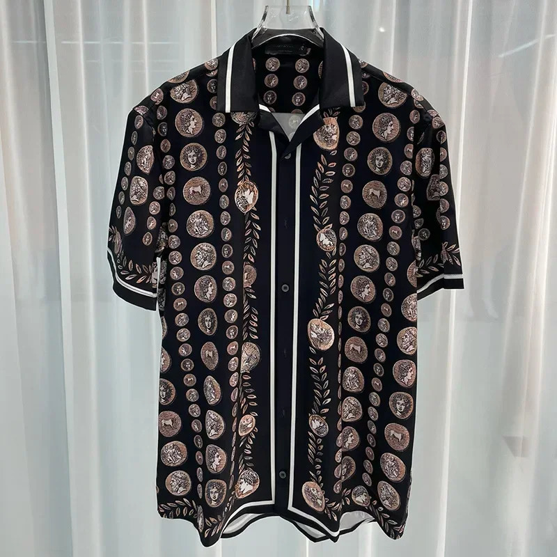 Mens short-sleeved shirt suit vintage figure print two-piece suit casual shorts 240429