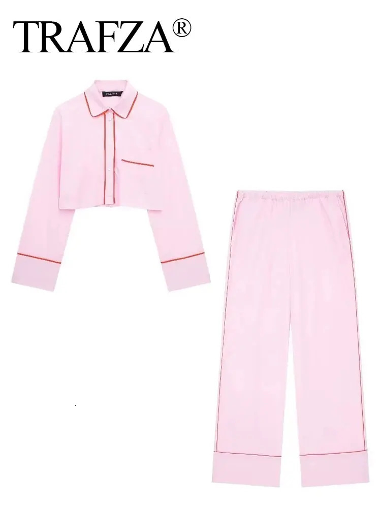 TRAFZA Women Elegant Pink Blouse Pant Suit Single Breasted Long Sleeve Shirt Drawstring Trousers Summer Female Streetwear Sets 240423