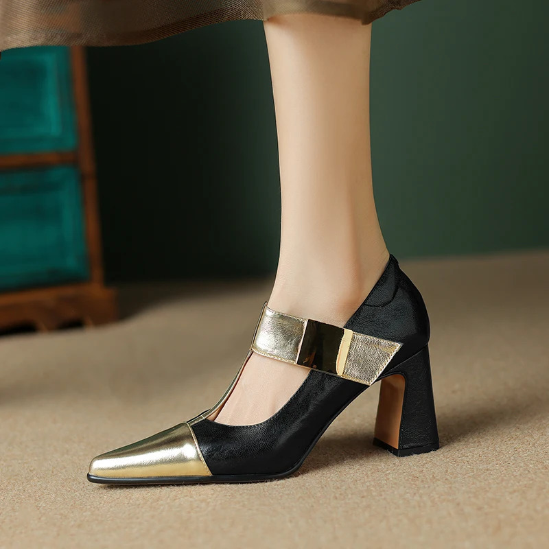Spring Mary Janes Women Shoes Pointed Toe Chunky Heel Pumps Genuine Leather Shoes for Women Elegant High Heels Buckle Heels 240428