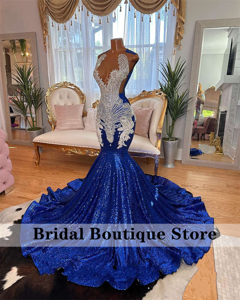 Sparkly Sier Diamonds Royal Blue Prom Glitter Bead Crystal Rhienstones Tassels Birthday Party Evening Dress Vestidos