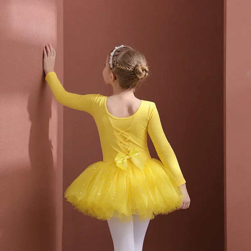 Short /Long Sleeves Tulle Bowknot Skate Gymnastics Christmas Birthday Party Leotard Dancewear Girls Ballet Dance Tutu Dress Kids 240510