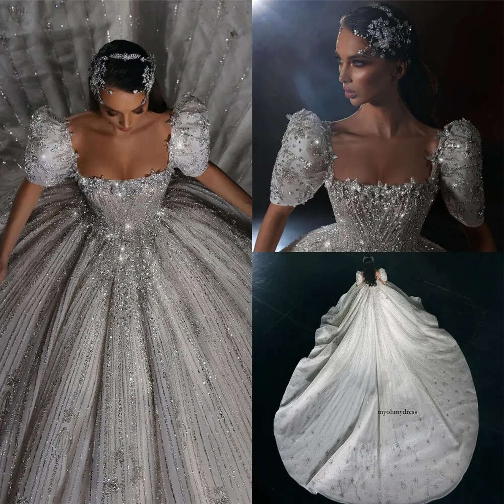 Luxurious Arabic Dubai Ball Gown Wedding Dresses Cap Sleeve Off Shoulder Beadings Crystals Sparkle Sequins Puffy Ruched Bridal Gowns Custom Made BC188