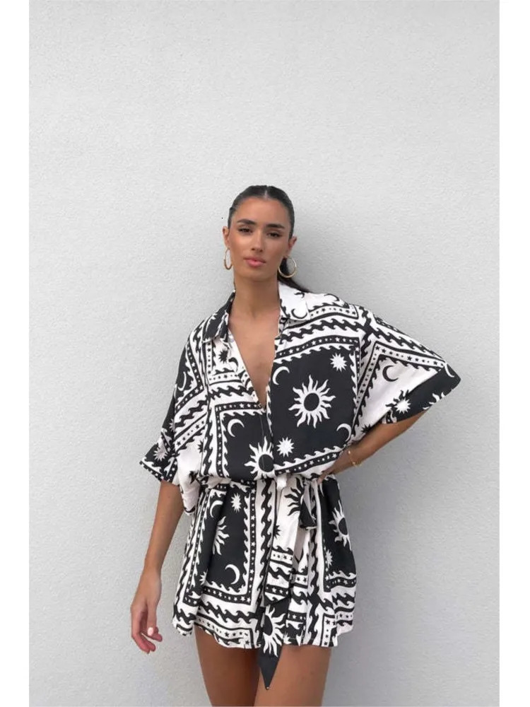 Fashion Printed Chic Jumpsuits Shorts Summer Women Vneck Casual Beach Vacation High Waist Leaceup Bodysuits Streetwear 240423