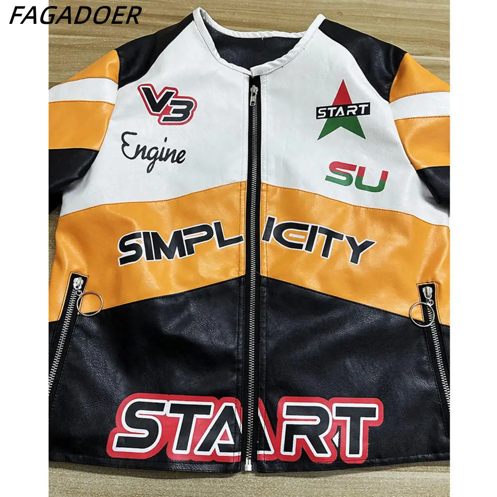 FAGADOER Fashion Street Style Women PU Leather Long Sleeve Zipper Crop Jacket Female Letter Printed Stitching Slim Coat Top 240510
