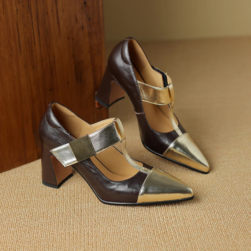 Spring Mary Janes Women Shoes Pointed Toe Chunky Heel Pumps Genuine Leather Shoes for Women Elegant High Heels Buckle Heels 240428
