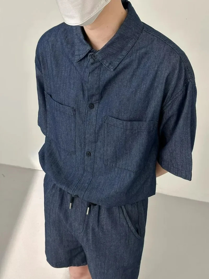Summer Casual Sets Thin Denim Suits for Mens Vintage Wash Jean Cloth Two-piece Short Sleeved Lapel Shirt Shorts Outfits 240429